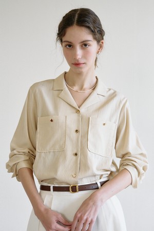 Gold Button Open Collar Shirt_Beige