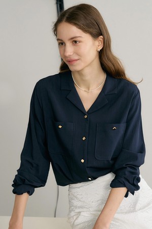 Gold Button Open Collar Shirt_Dark Navy