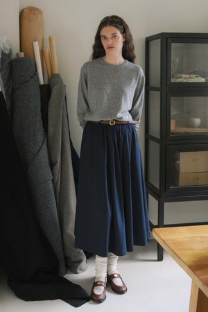 U Shirring Long Skirt_Navy