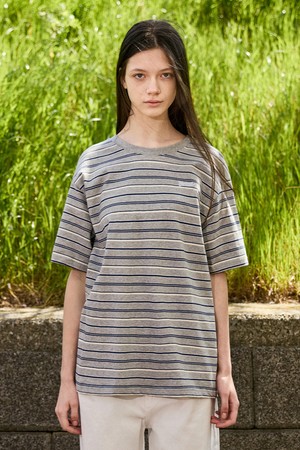 미니멀 자수 로고 보더 멀티 스트라이프 반팔 티셔츠 MST187 / 2COLOR