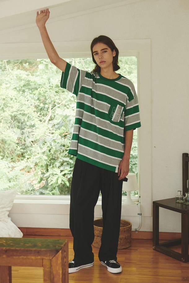 LIBEREKOREA - 반팔티셔츠 - BORDER POCKET SS TEE / GREEN