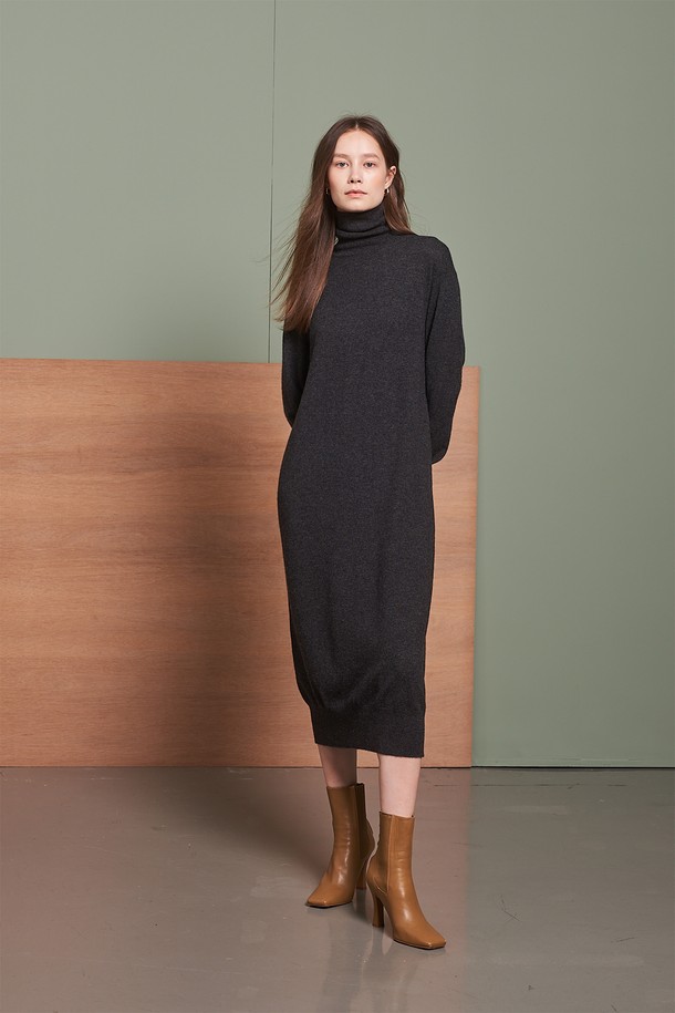 CALLAITE - 긴소매 원피스 - [21FW] CASHMERE 100% HIGH NECK DRESS (CHARCOAL GREY)