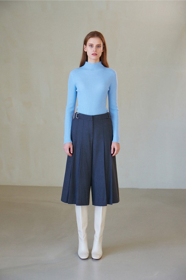 CALLAITE - 터틀넥 - [22FW] CASHMERE 100% HIGHNECK RIBBED SLIM KNIT TOP (BLUE)