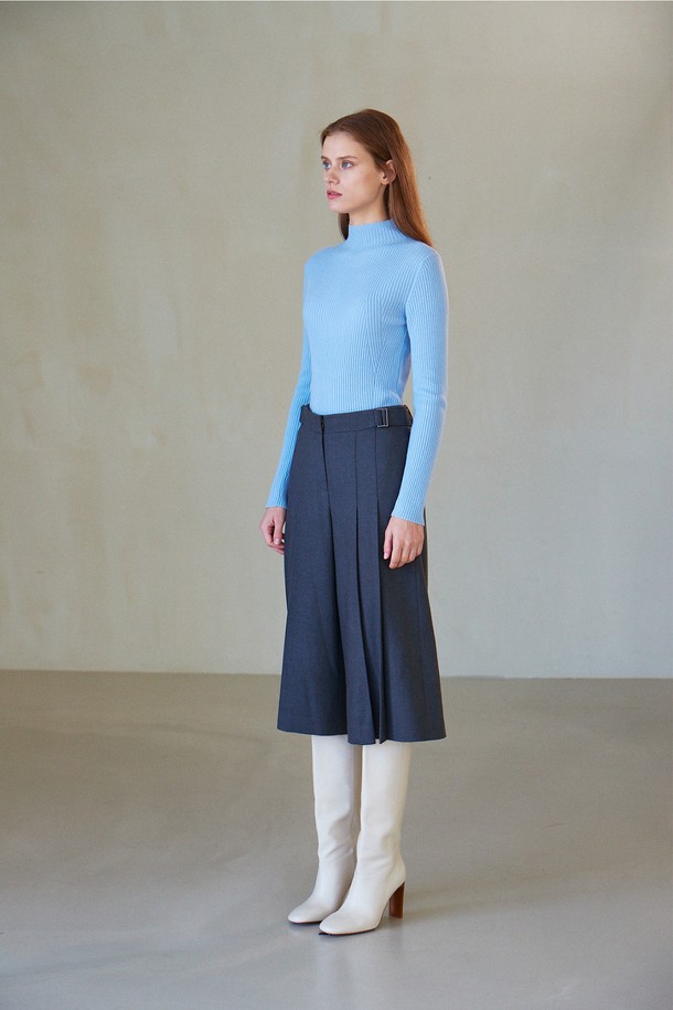 CALLAITE - 터틀넥 - [22FW] CASHMERE 100% HIGHNECK RIBBED SLIM KNIT TOP (BLUE)