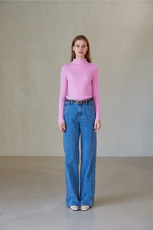 [22FW] CASHMERE 100% HIGHNECK RIBBED SLIM KNIT TOP (PINK)