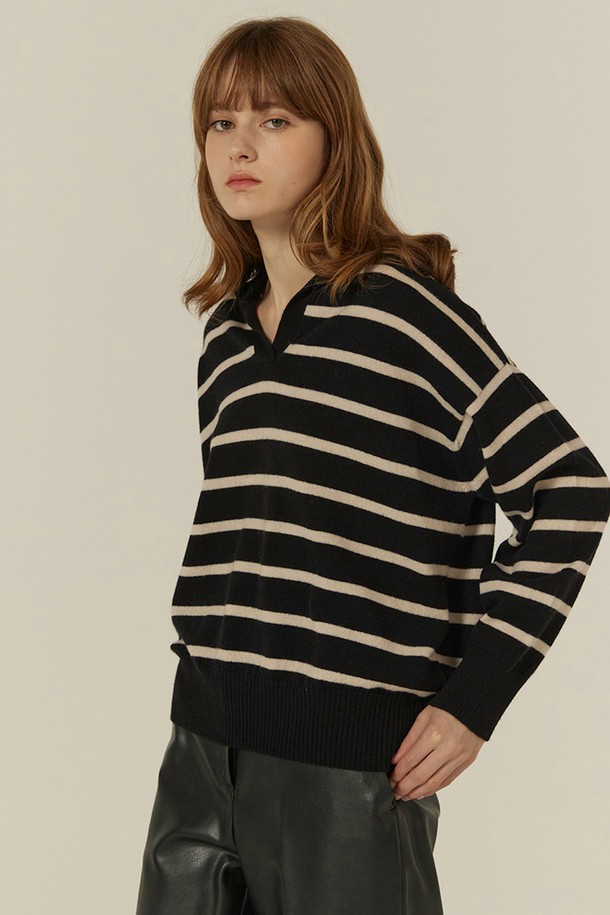 CALLAITE - 니트 / 가디건 - [23FW] Cashmere Stripe Open Collar Sweater