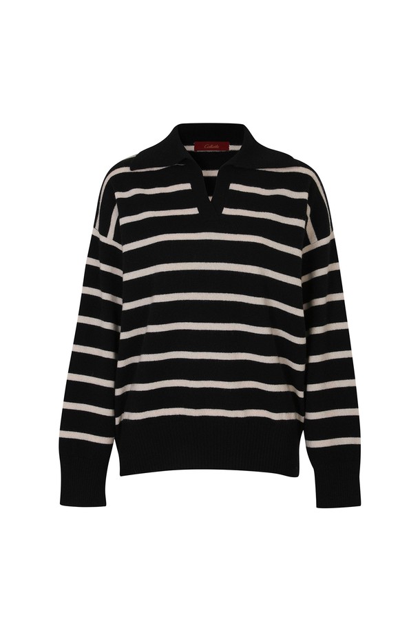 CALLAITE - 니트 / 가디건 - [23FW] Cashmere Stripe Open Collar Sweater