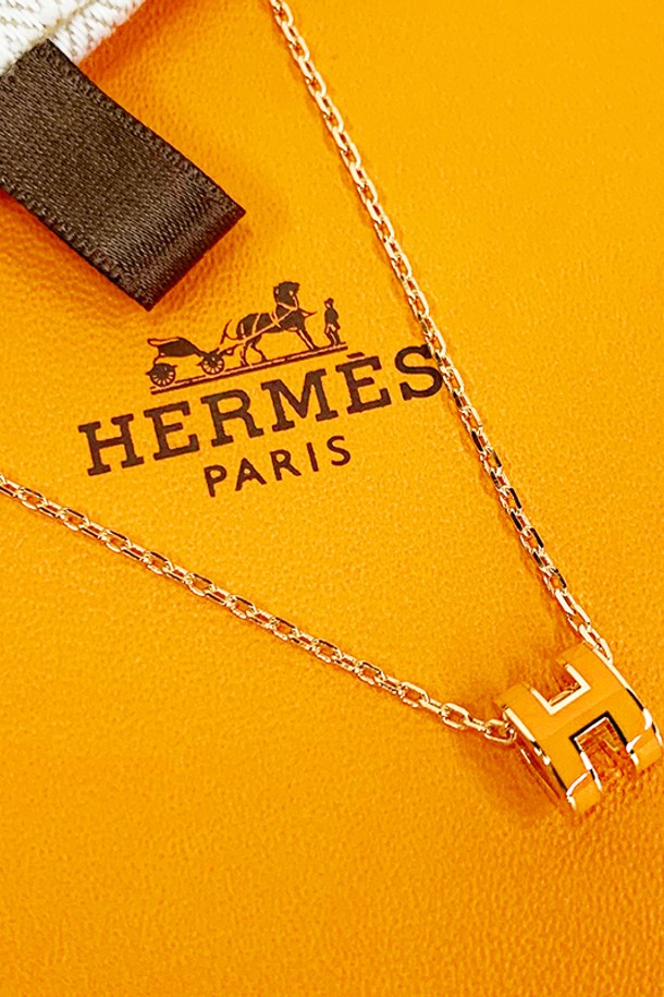 HERMES - 목걸이 - 에르메스 미니 팝아슈 H 목걸이 오렌지 로즈골드체인 H147992FO 02