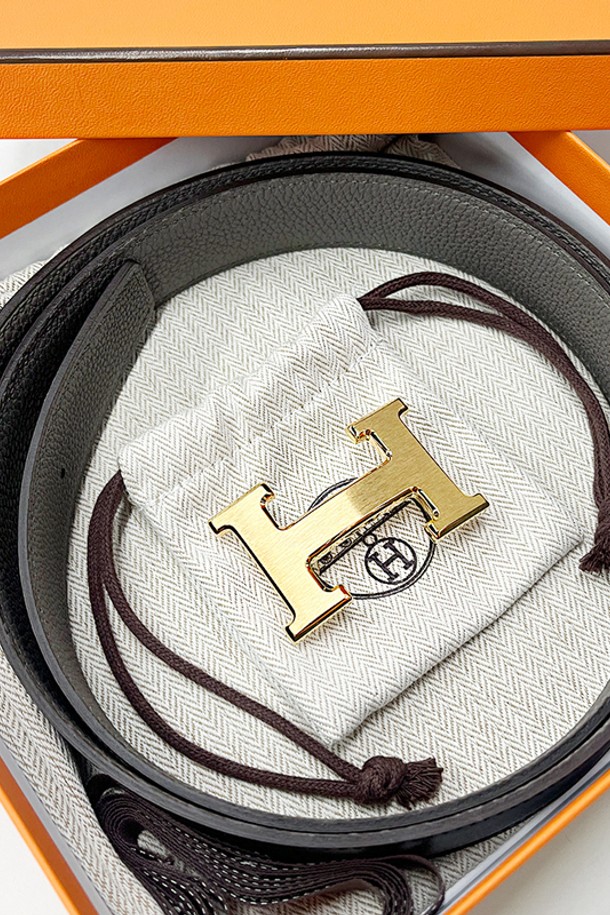 HERMES - 벨트 - 에르메스 남자 벨트 골드H 버클 리버서블 블랙에땅 32mm