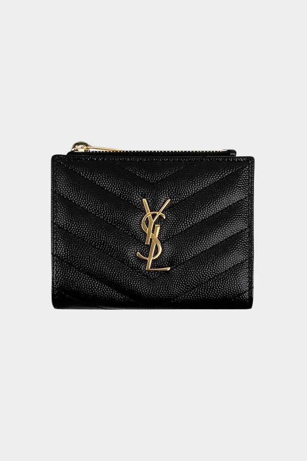 SAINT LAURENT - 반지갑 - 생로랑 캐비어 컴팩트 지퍼 카드 반지갑 블랙 금장 575879