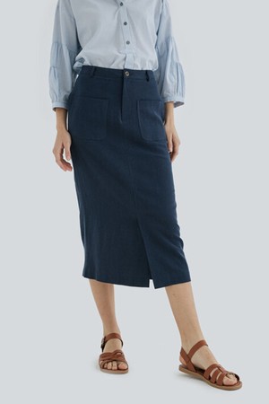 OUT POCKET LINEN SKIRT(NAVY)