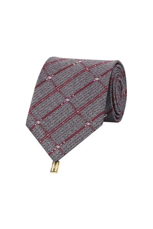 실크혼방 스퀘어 큐빅 패턴 체크 넥타이 레드