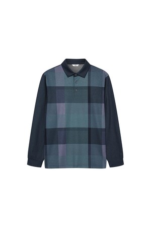 라지 체크 긴팔 카라티 네이비