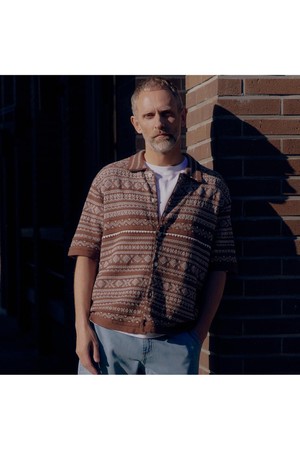 노르딕 패턴 풀오픈 반팔 가디건 브라운