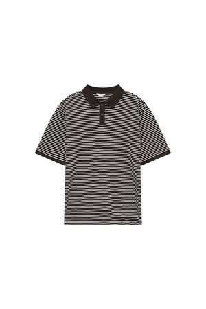 면혼방 스트라이프 카라 반팔티셔츠 브라운