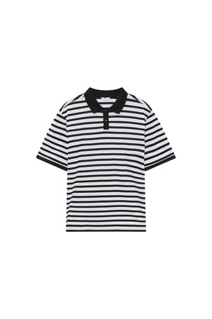 면혼방 스트라이프 카라 반팔티셔츠 블랙