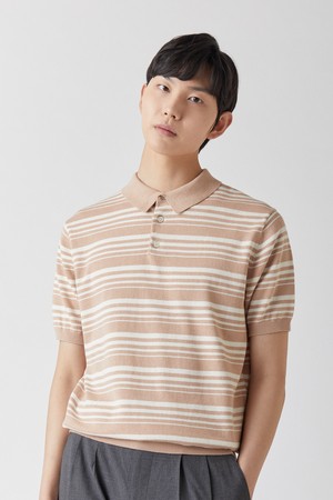 퓨어코튼100 스트라이프 카라니트 베이지_그린라벨