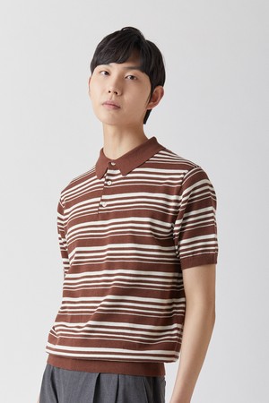 퓨어코튼100 스트라이프 카라니트 브라운_그린라벨