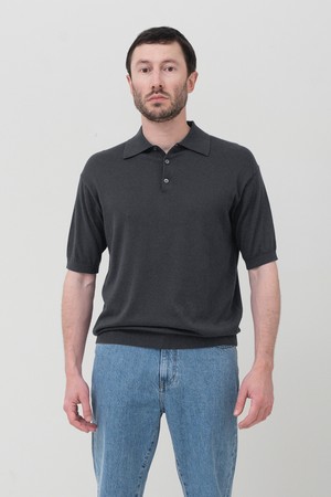 [4월 20일 예약배송] Nouvelle Fine 캐시미어 코튼 폴로 반팔니트 차콜 그레이