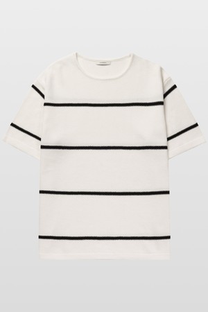 스트라이프 보트넥 코튼100 반팔니트 화이트