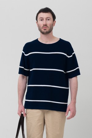 스트라이프 보트넥 코튼100 반팔니트 다크 네이비