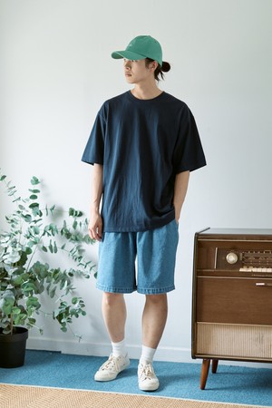 [KAPPY DESIGN] TWO TUCK WIDE RECYCLE HALF DENIM (BLUE)