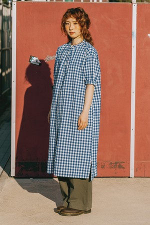 [KAPPY DESIGN] GINGHAM CHECK LINEN DRESS (BLUE)
