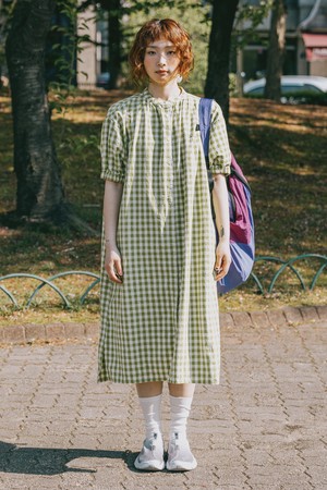 [KAPPY DESIGN] GINGHAM CHECK LINEN DRESS (GREEN)