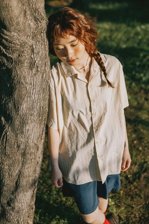 [KAPPY DESIGN] JACQUARD OPEN COLLAR SHIRT (LIGHT BEIGE)
