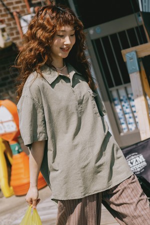 [KAPPY DESIGN] PIGMENT HENLEYNECK HALF SHIRT (KHAKI)