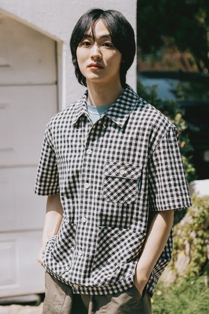 [KAPPY DESIGN] GINGHAM CHECK LINEN HALF JACKET (BLACK)