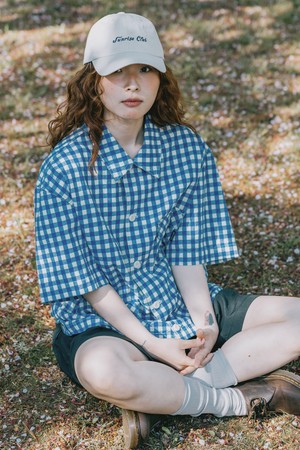 [KAPPY DESIGN] GINGHAM CHECK LINEN HALF JACKET (BLUE)