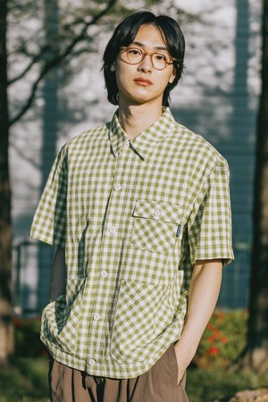 [KAPPY DESIGN] GINGHAM CHECK LINEN HALF JACKET (GREEN)