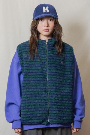 [KAPPY DESIGN] STRIPE FLEECE ZIPPER VEST (GREEN)