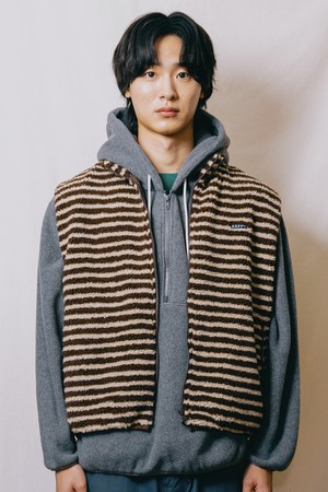 [KAPPY DESIGN] STRIPE FLEECE ZIPPER VEST (BROWN)