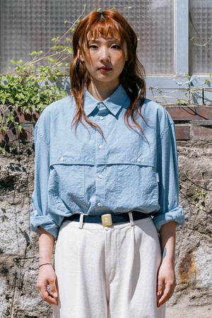 [KAPPY DESIGN] GINGHAM CHECK POCKET WORK SHIRT (SKY BLUE)