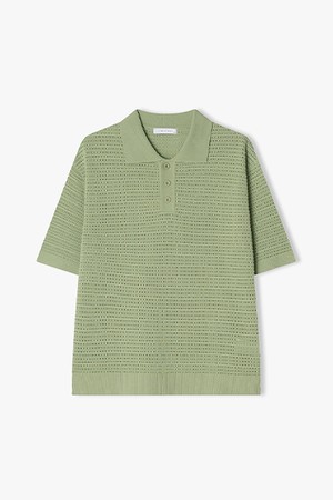 [25SS] LLM51588 라임그린 솔리드 메쉬 칼라 하프 니트 탑