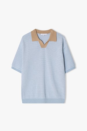 [25SS] LLM51540 스카이블루 클레릭 오픈칼라 하프 니트 탑