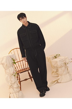 [25FW][차은우 PICK] LLF23650 블랙 와이드핏 원턱 스티치 밴딩 셋업 팬츠