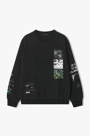 [25FW] LLW42653 블랙 오버핏 멀티 아트웍 맨투맨