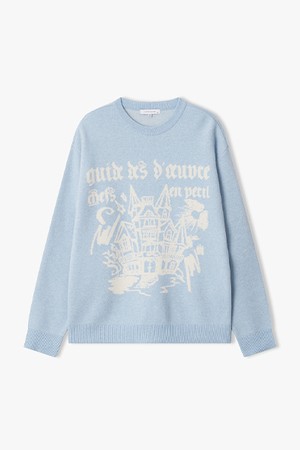 [25FW] LLW51621 스카이블루 세미오버핏 자카드 아트웍 라운드 니트