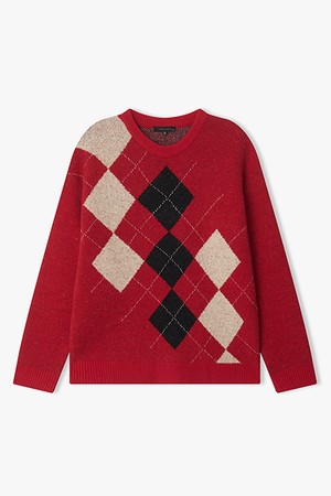 [25FW] LLW51626 레드 세미오버핏 아가일 패턴 라운드 니트