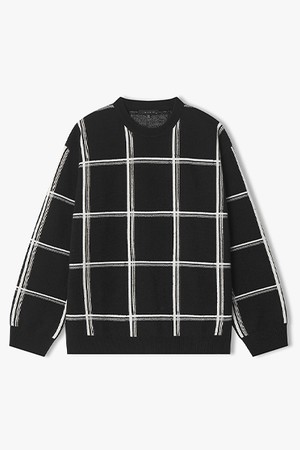 [25FW] LLW51628 블랙 멀티 윈도우 체크 라운드 니트