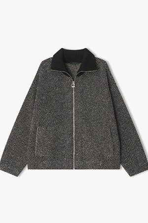 [25FW] LLW51670 블랙 헤링본 하이넥 니트 집업