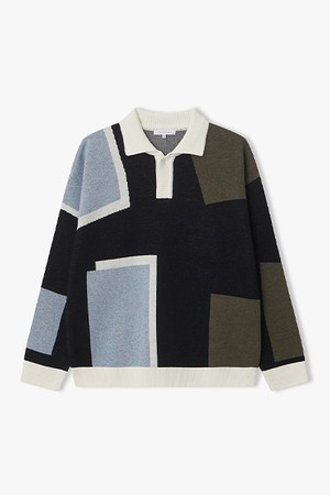 [25FW] LLW51641 스카이블루 자카드 컬러 블럭 카라 니트