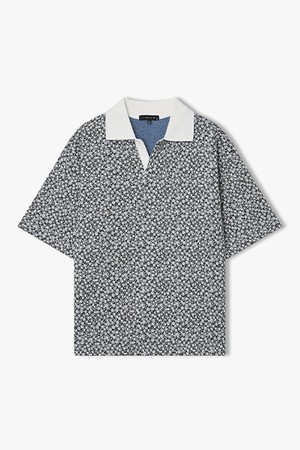 [26SS] LMM41717 그레이 플라워 자카드 하프 칼라 티셔츠