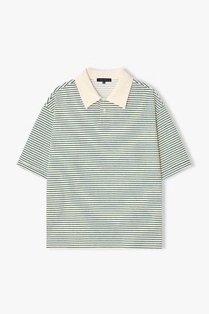 [리버클래시][26SS] LMM41729 그린 니트 텍스쳐 스트라이프 하프 칼라 티셔츠