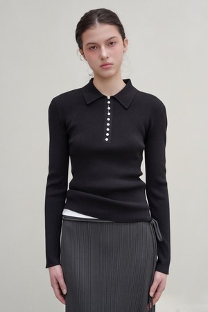 아이린 리브드 폴로 니트 탑 블랙
