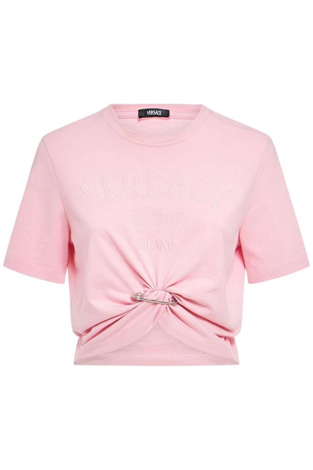 VERSACE - 반팔티셔츠 - 베르사체 여성 티셔츠 Logo jersey crop t shirt w safety pin NB01