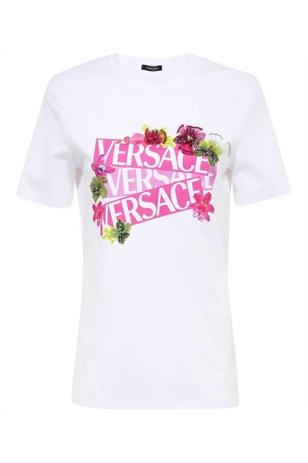 VERSACE - 반팔티셔츠 - 베르사체 여성 티셔츠 Versace 1009082 1A06528 EMBROIDERY ORCHID AND PRINT LOGO T shirt   White NB24